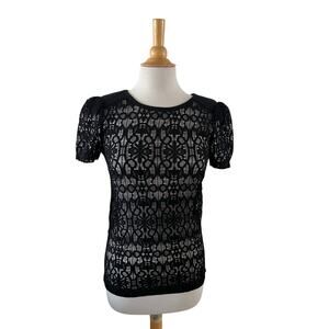 Vintage Juicy Couture Black Lace Short Sleeve Top Sz S Puff Sleeve Crew Neck